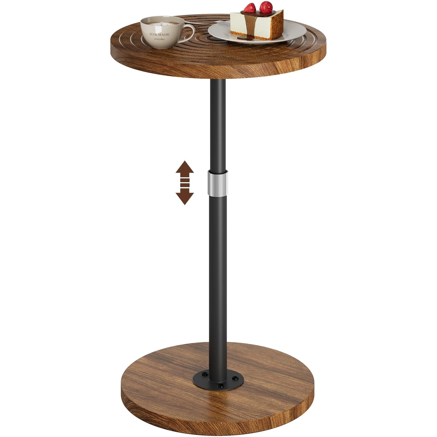 Asgolion Round Small Side Table, Adjustable-Height Drink Table, Pedestal Martini Stand, Weighted Base Cocktail Table Accent Nightstand for Living Room, Bedroom, Bathroom, Office, Walnut