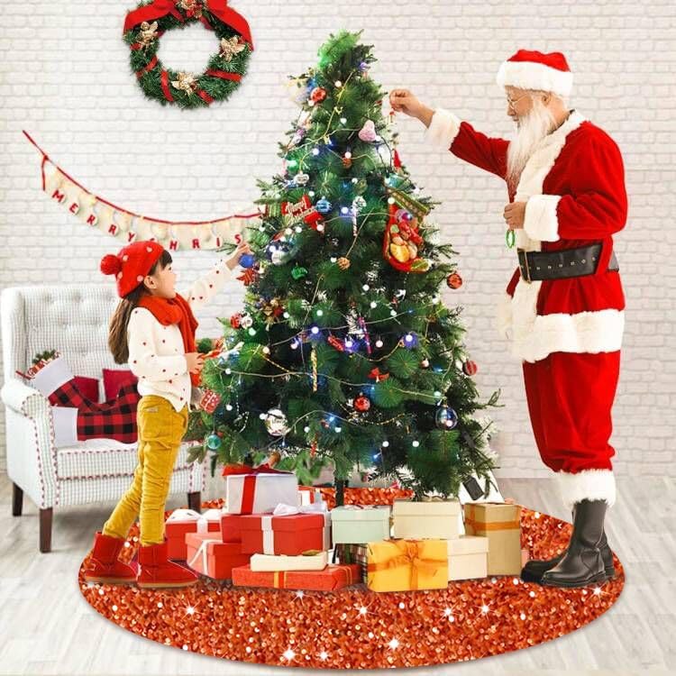 Halloween Tree Skirt 21 inch Orange Christmas Tree Skirt Velvet Tree Mat for Pencil Tree Fall Tree Skirts Sparkly Tree Skirts Cover Thanksgiving Christmas Tree Carpet Xmas Ornaments