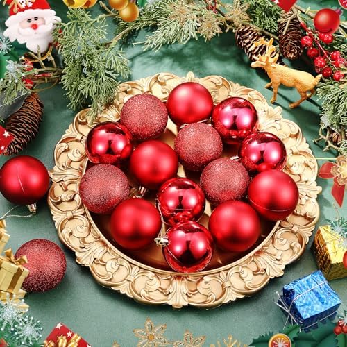 RoundFunny 25 Pcs Mini Christmas Balls Ornaments Set 2.36 Inch Christmas Day Ball Topper Star Tree Hanging Ornaments for Party Decoration(Red)