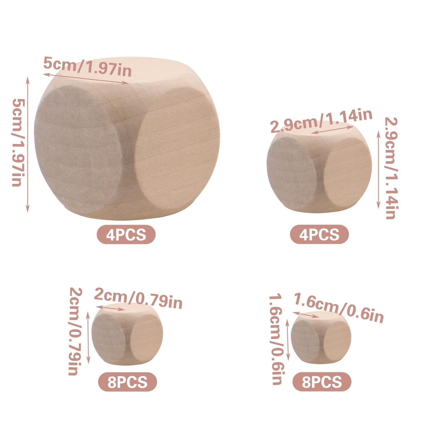 24 Pcs Blank Wooden Dice, 4 Sizes Unfinished Wood Cubes with Rounded Corners, 6 Sided Square Blocks for DIY Craft Projects, Board Game, Party Supplies