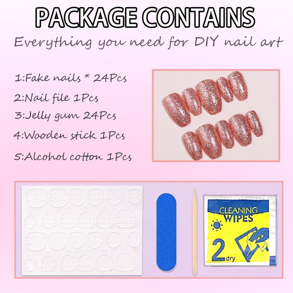 Hrnsnails Short Press On Nails Coffin Fake Nails with Pink Glitte Nail Press Ons Design, Artificial False Nails Press On Nail Kit Sparkly Stick On Nails for Women