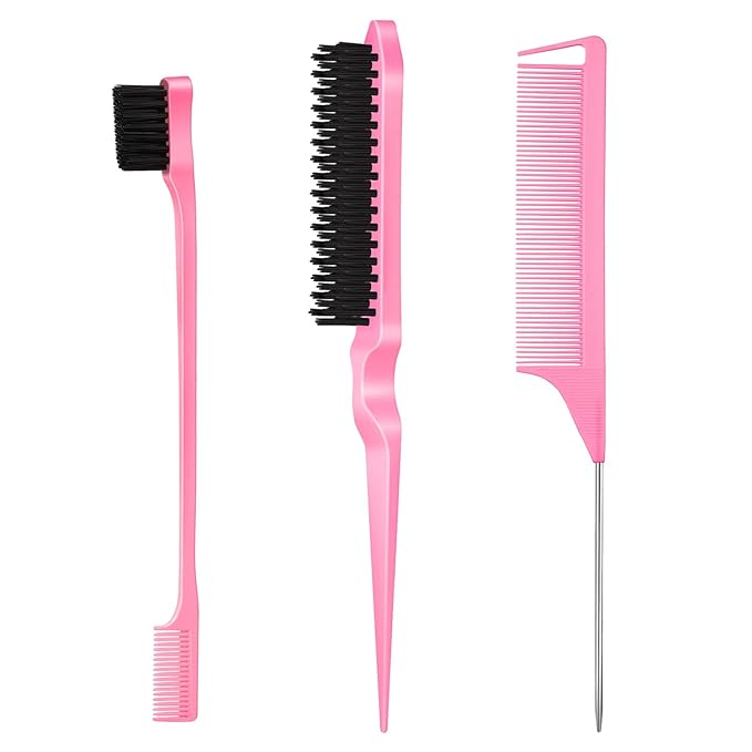 SWEET VIEW 3 Pcs Slick Back Hair Brush, Rat Tail Comb, Edge | Bristle Brush, Hair Accessories for Girls, Kids, Toddlers Sleek Ponytail/Bun, Edge Control and Smoothing Baby Hair & Flyaways