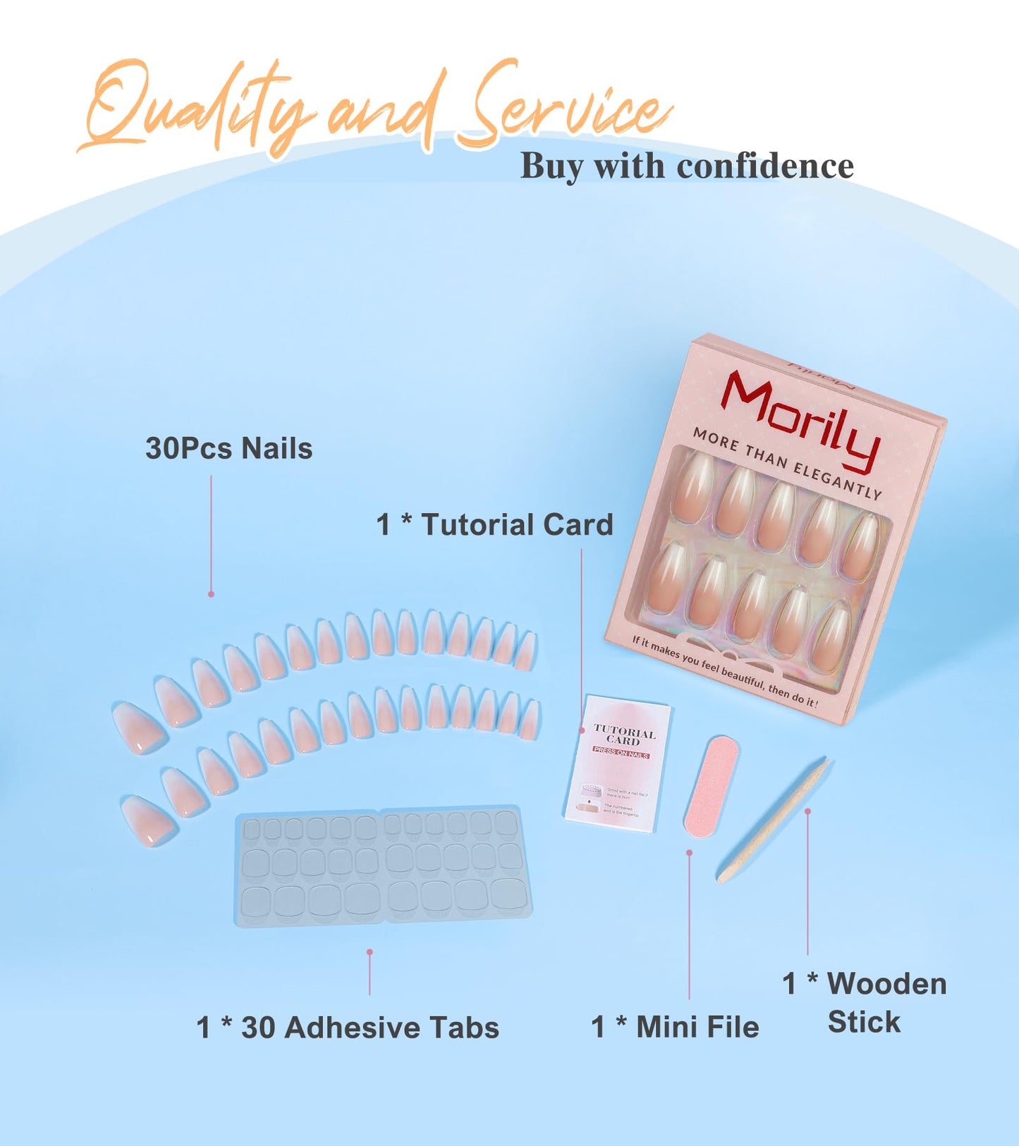 Morily Press on Nails - Pink Ombre Coffin Fake Nails Medium Length, French Tip Glossy False Stick on Fingernails for Women - 24Pcs in 12 Sizes