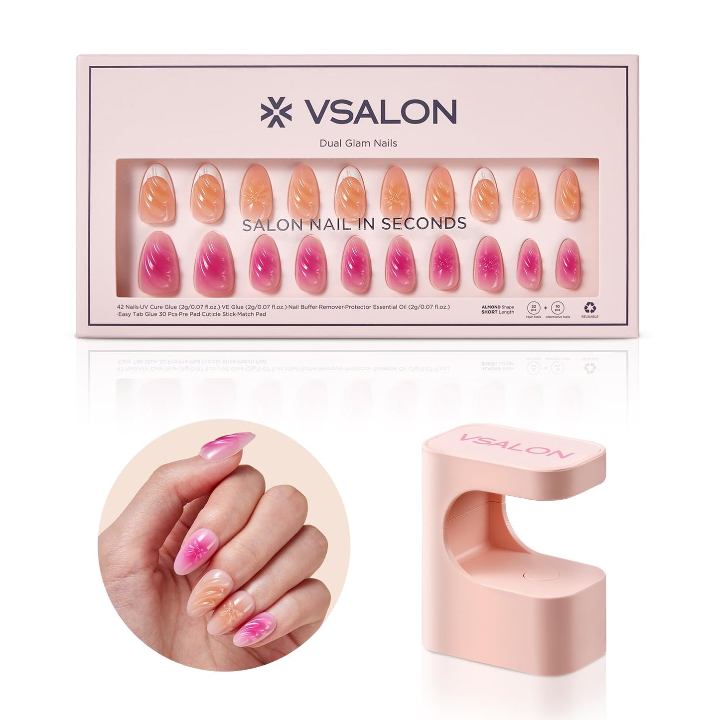 Short Almond Press-On Nails - 32 PCS French Tip Cream Finish Main Nails in 16 Sizes & 10 PCS Alternative Nails - Fake Nail Kit with UV Glue, Easy Tabs, Nail Glue，Remover & Nail Lamp