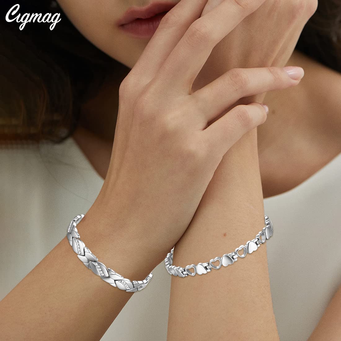 Cigmag 2PCS Magnetic Bracelets for Women Adjustable Titanium Steel Magnetic Bracelet with Strength Magnets Sizing Tool (Crystal & Love)