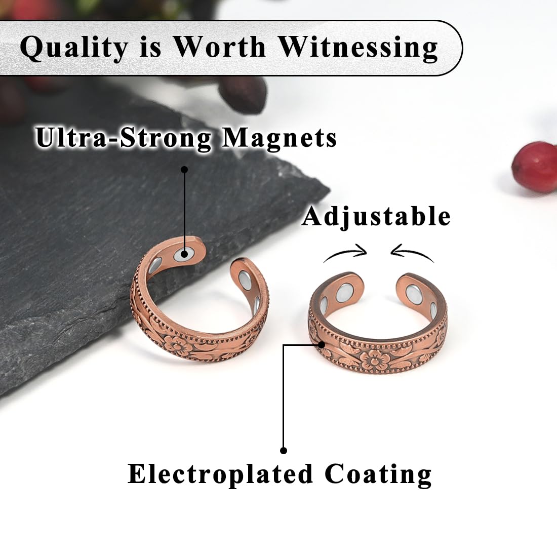 Vicmag Copper Magnetic Rings for Women Magnetic Ring 99.9% Copper Finger Ring Ultra Strength Magnet Gift Adjustable (Vintage Flower)