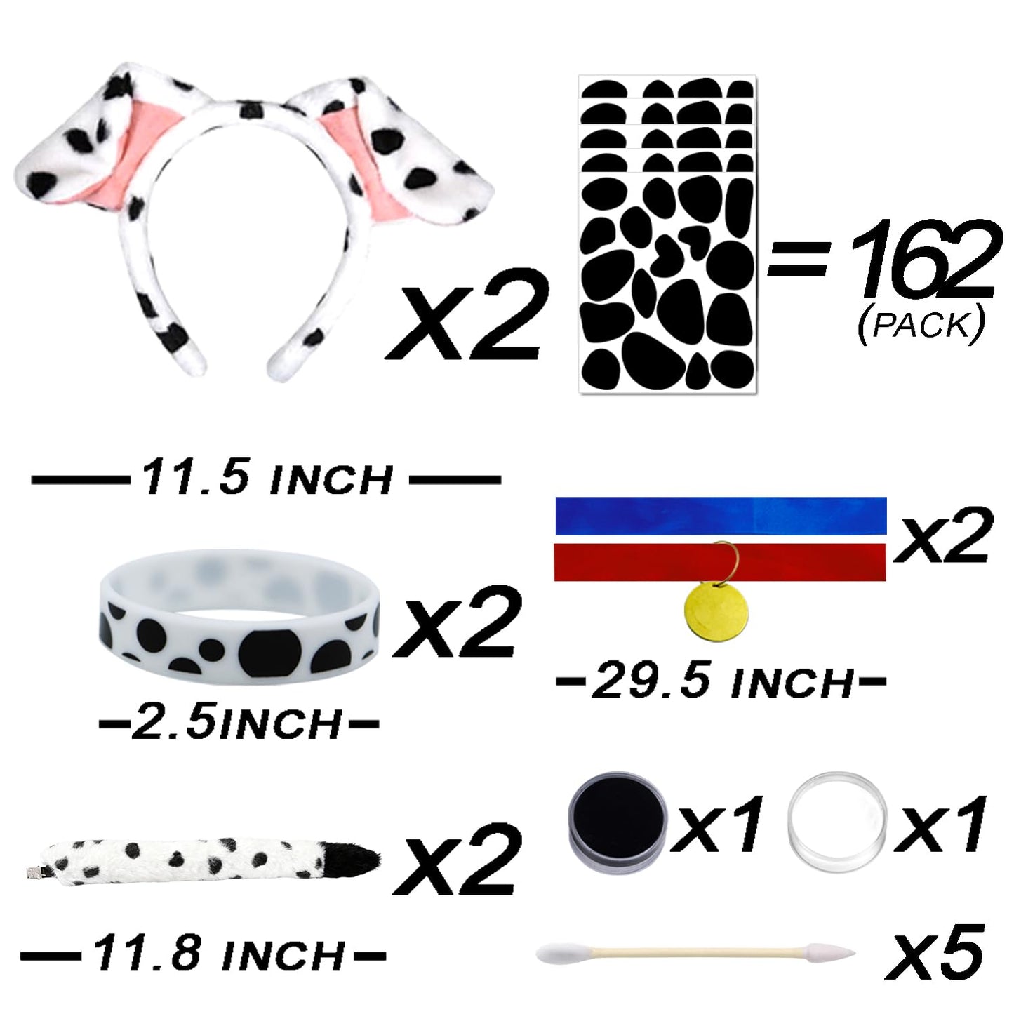 Ahuimeius 2 Set Dalmatian Dog costume Ear Headband, Bow Tie, Tail set, Silicone bracelet,Collar and 144 Pieces Black Adhesive Felt for Halloween DIY Projects Costume