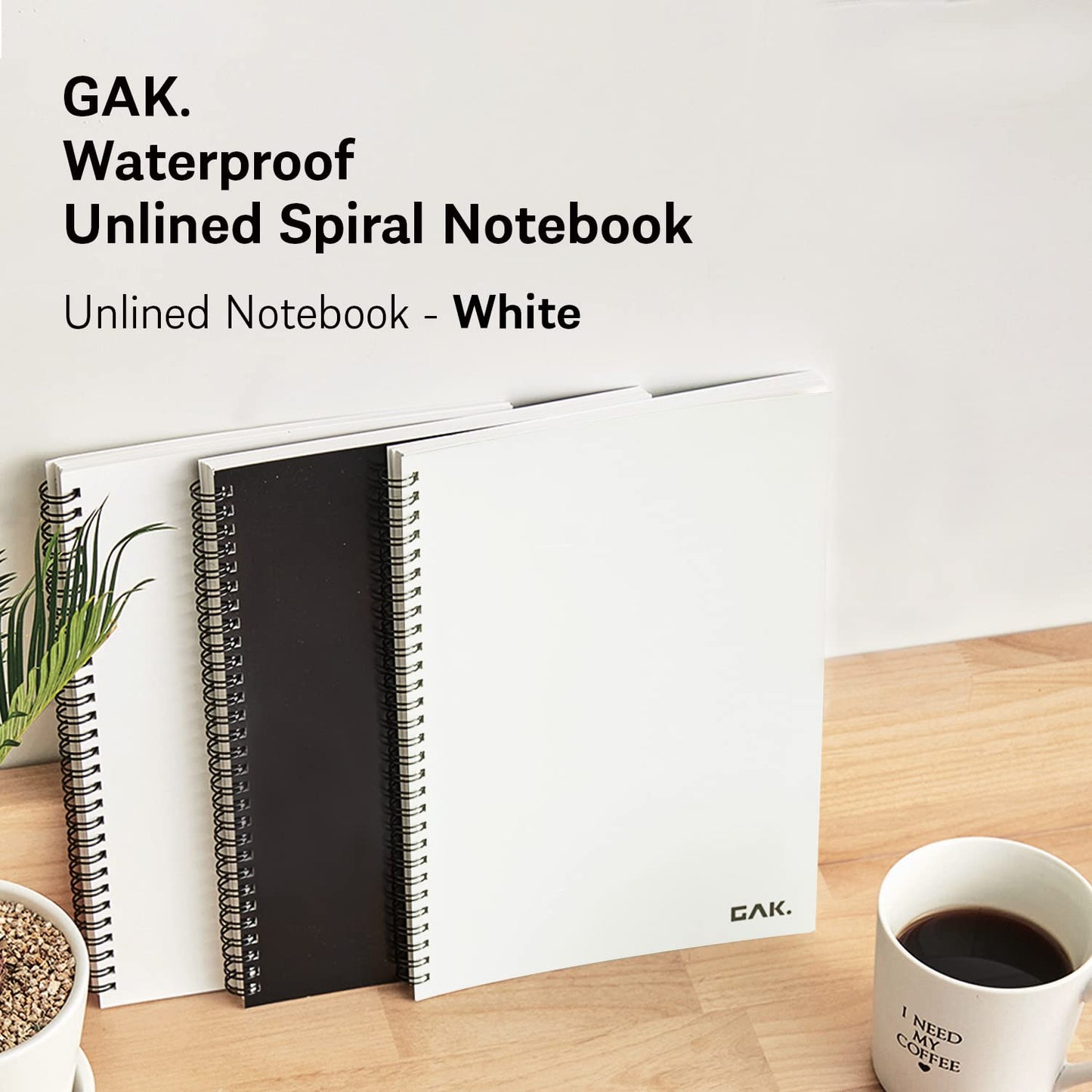 GAK. Stone Paper Notebook | No Lines Spiral Notebook Waterproof Sheet Aesthetic Journal for Note Taking | Notebooks for Work & Aesthetic School Supplies | Large Size, White (7.2”x10.1”, 50 sheets)