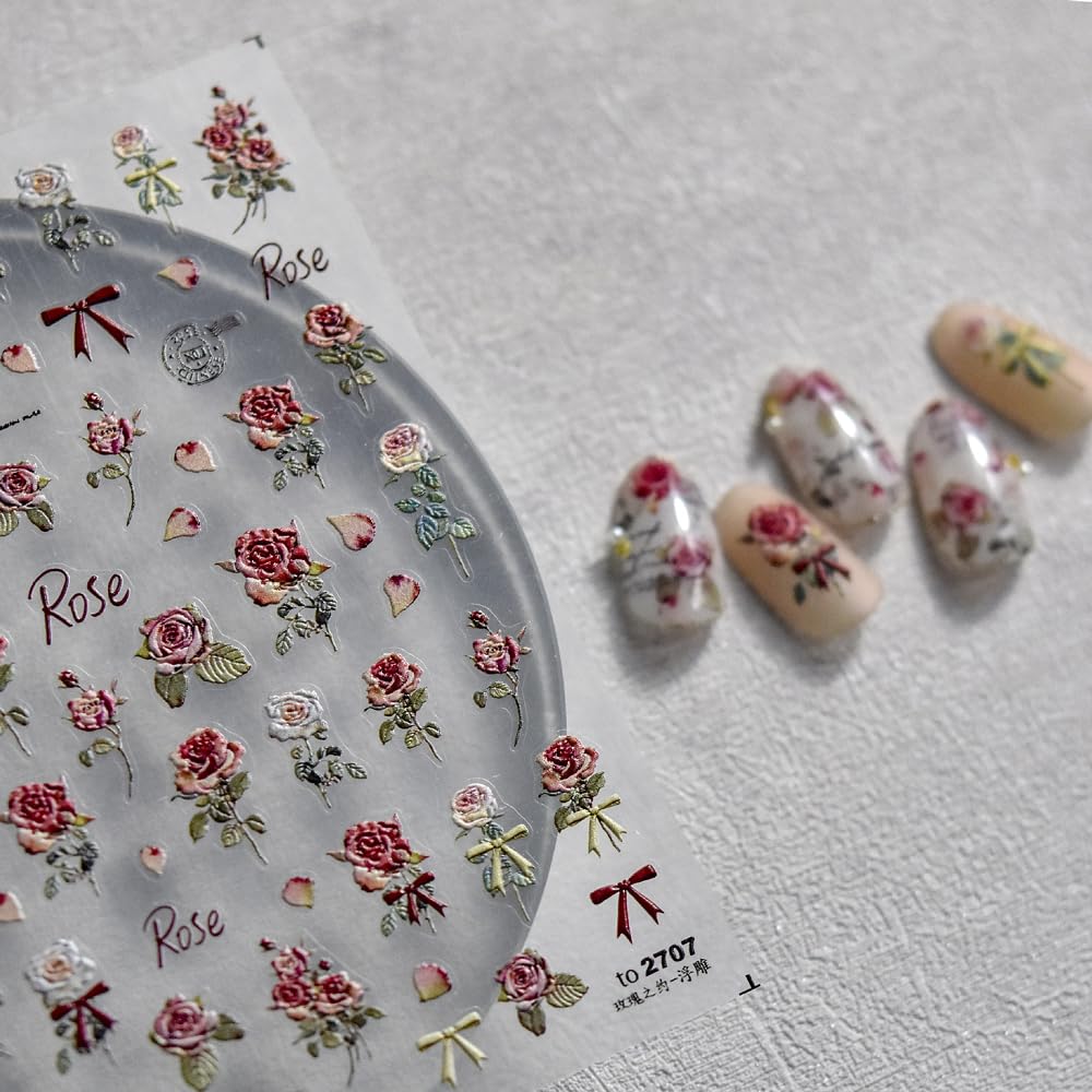 Retro Rose Nail Stickers 5D Embossed – Premium Salon-Quality Floral Nail Charm Accessories, Easy Application & Self-Adhesive Roses Red Flower Decal for DIY Manicure, Nail Art, Press on, Home or Salon