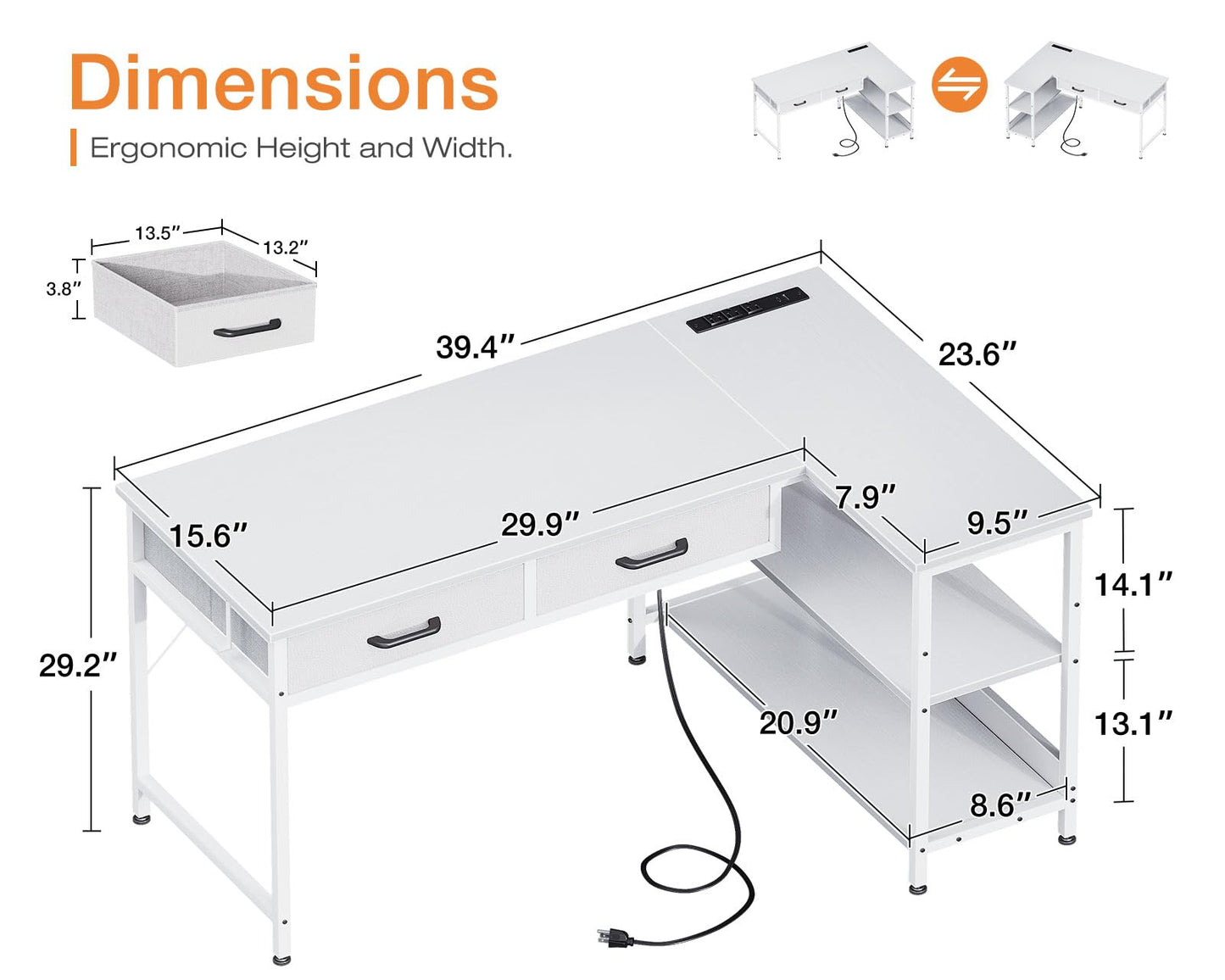 Coleshome 40 Inch L Shaped Computer Desk with 2 Drawers, Small Desk for Small Space, Home Office Table for Laptop Users, White