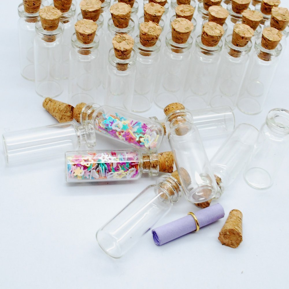1ML Small Mini Tall Clear Glass Bottles/Jars with Corks Stoppers for Arts & Crafts, Projects, Decoration, Party Favors+ 50 Pcs Gold Metal Eye Hook Pin Screws,50 Pcs