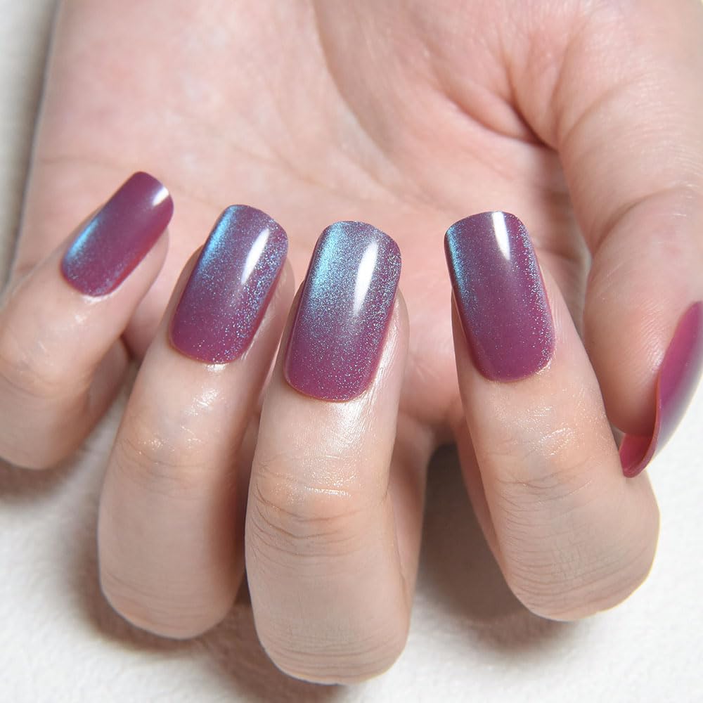 evpct Mauve Blue Reflective Metallic Cat Eye Press on Nails Medium Square No Glue, Stick on Nails Medium Square for Women, Mauve Metallic Nail press ons, Iridescent Glitter Acrylic Fake Press on Nail