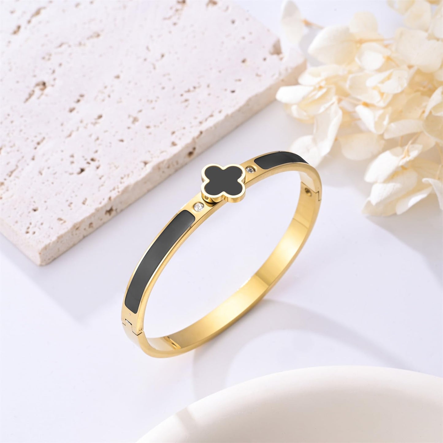 KYJAC 18k Gold Plated Stainless Steel Four Leaf Clover Bracelet for Women - Non-Tarnish, Precision Polished Chunky Oval Bangle in Black, White, Pink, Red Clover Bangle