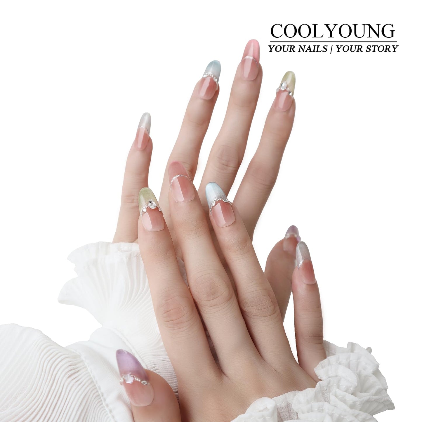 Handmade Press On Nails Short Almond Reusable Press On Nails Women Gifts French Rainbow Nails COOLYOUNG Handmade Nails, 15 PCS, Size M