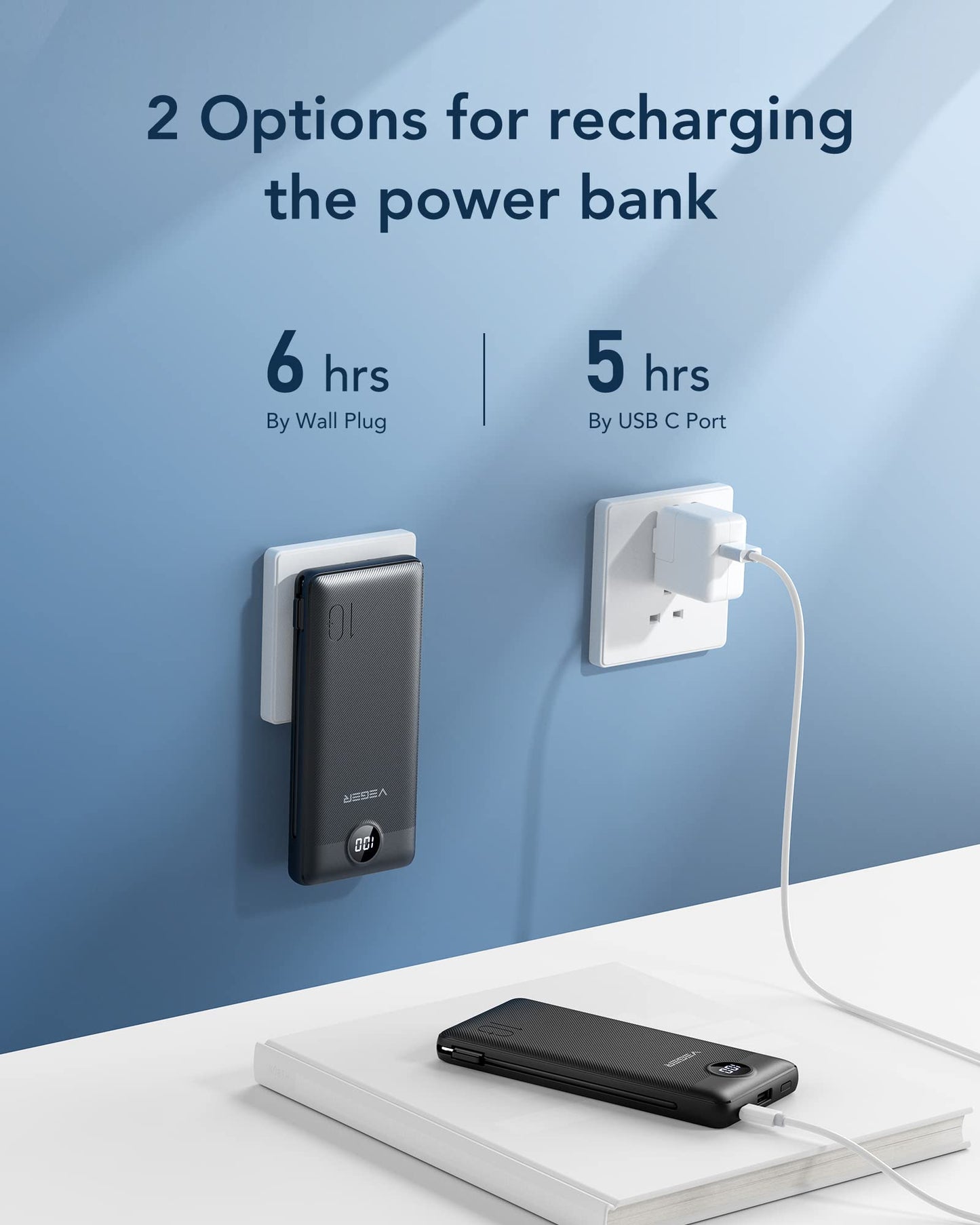 VEGER Portable Charger with Built-in AC Plug and Cables, All in One 10000mAh Ultra Slim Power Bank Travel Essentials, Fast Charging Battery Pack Compatible with iPhone, Samsung, Android (Black)