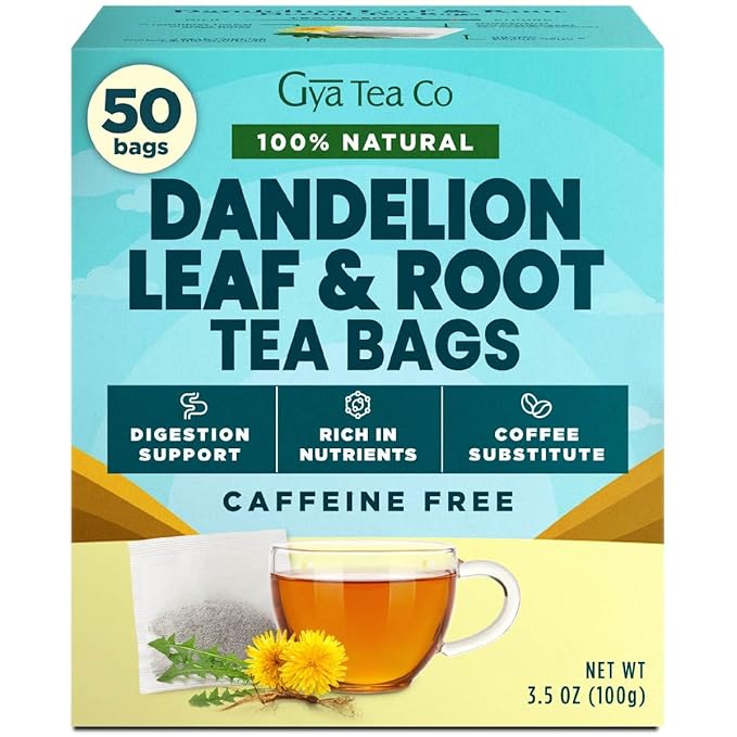Gya Tea Co Dandelion Leaf & Root Herbal Tea Bags (50 Bags) - Caffeine Free with a Tangy Flavor for All Day Comfort, Calming, Relaxing & Nourishing - Fruit & Herbal Blends