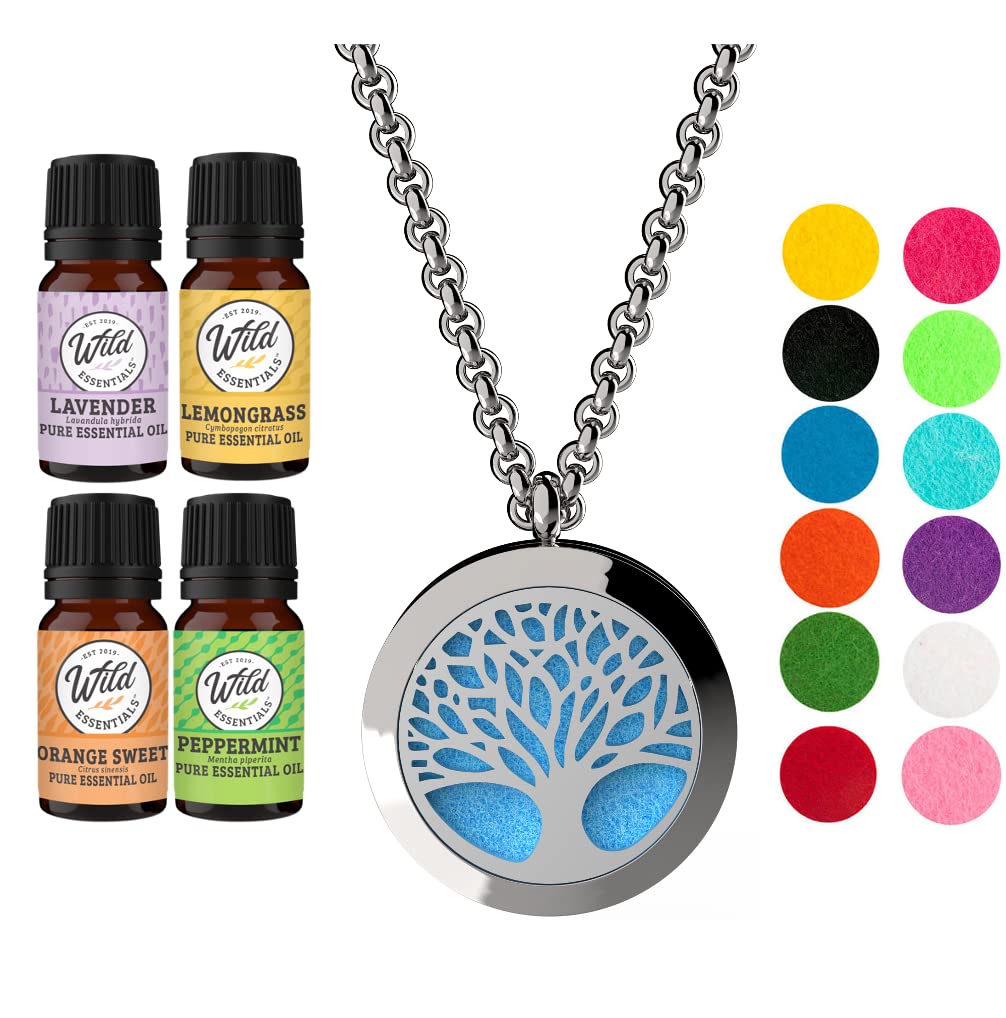 Wild Essentials Tree of Life Necklace Essential Oil Diffuser Kit With Lavender, Lemongrass, Peppermint, Orange Oils, 12 Refill Pads, Calming Aromatherapy Gift Set, Customizable Color Changing, Perfume