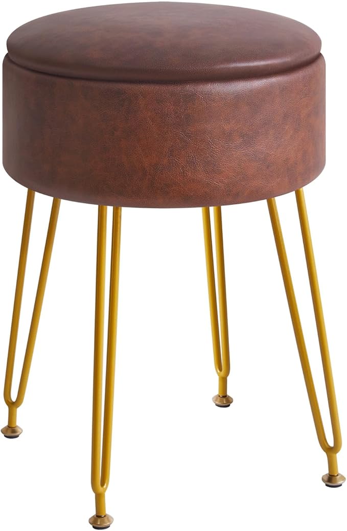 IBUYKE Faux Leather Round Footrest Stool with Storage Ottoman, Makeup Vanity Chair Side Table, PU Dressing Table Seat, Removable Cover, Golden Steel Legs, Dark Brown WBD024Z