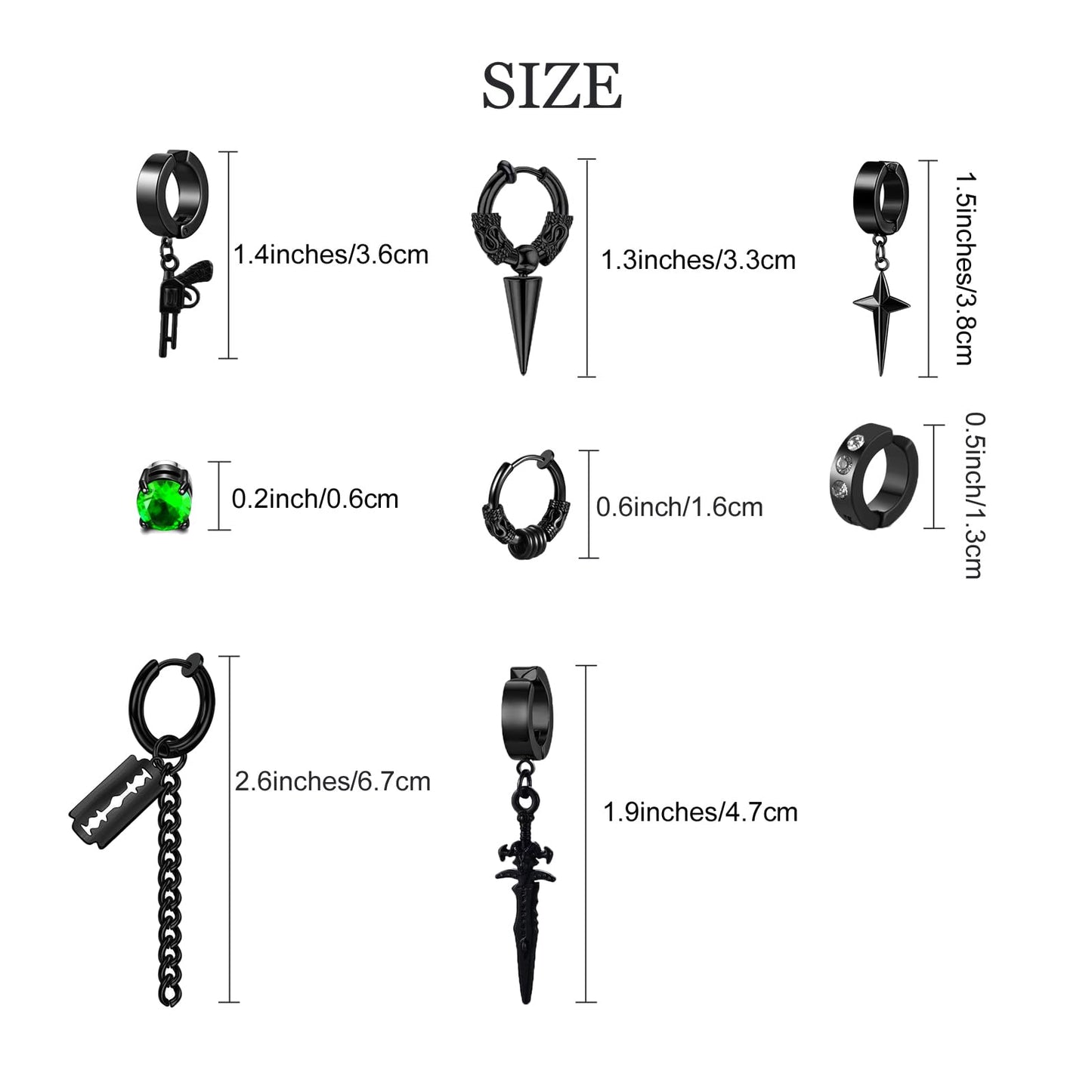 14 Pcs Black Gothic Viking Non Pierced Cross Sword Spike Awl Peace Dangle Chain Clip on Hoop Earrings Set for Unisex Fake Piercing CZ Earrings