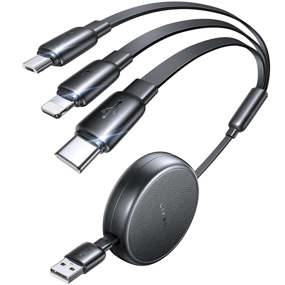 LISEN Multi Charging Cable, 3 in 1 Charging Cable, Retractable Car Charger with Type C/L/Micro USB Ports for iPhone 16 15 14 Pro Max/Samsung Galaxy S25/PS/Kindle, Multi Chargers for All Devices