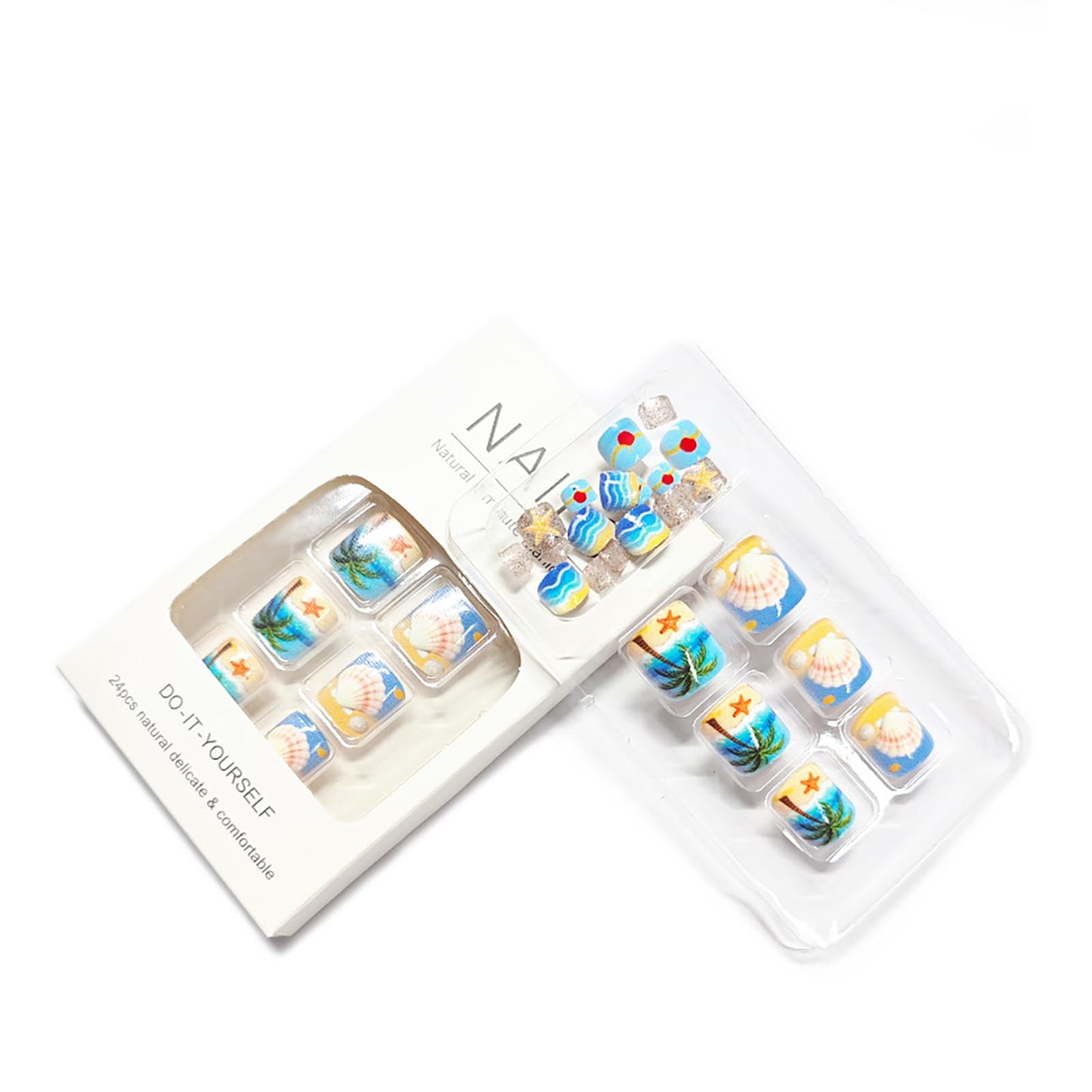 24Pcs Summer Press on Toenails,Short Square Fake Toenails with Coconut Trees Shells Glitter Designs Starfish Wave Beach Toe Nail Press Ons Acrylic Glossy Stick on Toe Nails for Women Girls