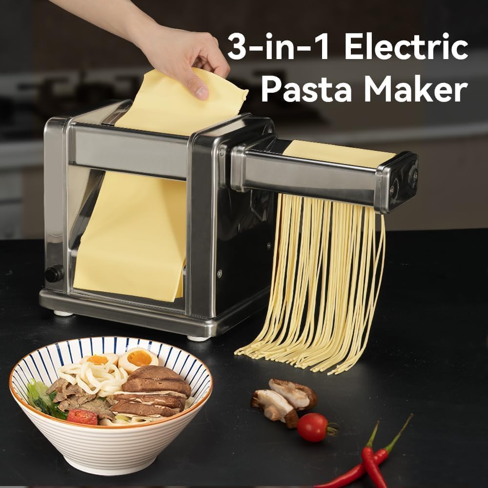 Maxceysen Domestic Electric Pasta Maker Automatic Stainless Steel Noodle Machine with Adjustable Dough Roller/Cutter for Home Handmade Spaghetti, Fettuccini, Lasagna, Pie Crust, Dumpling, Wonton