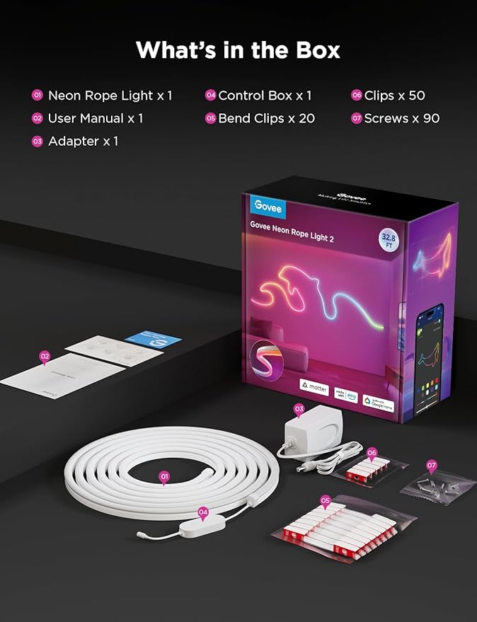 Govee RGBIC Neon Lights, LED Smart Neon Rope Light 2 Works with Matter, Alexa, Google Assistant, Custom DIY Neon Strip Lights for Bedroom and Holiday Decor, Softer Material, 32.8ft, White