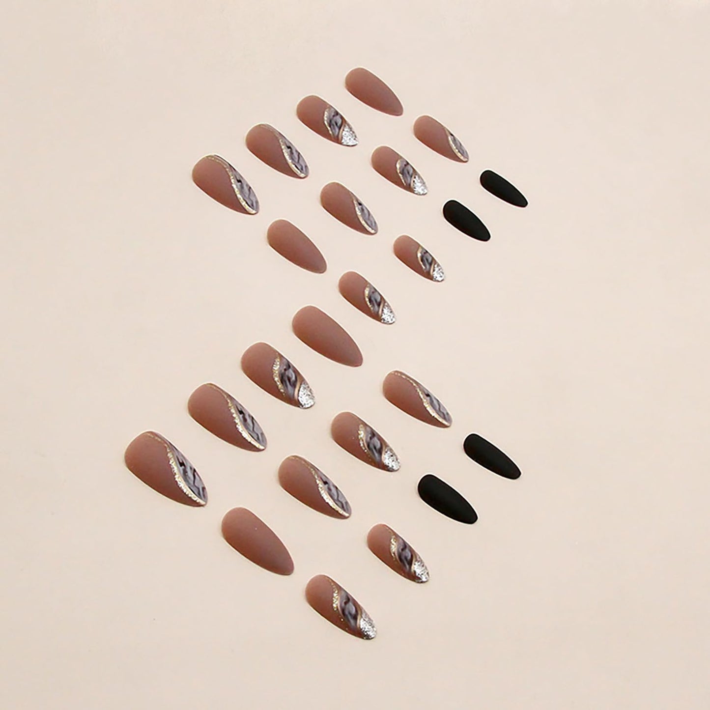 Press on Nails Medium Almond Artificial Acrylic Nails Brown French False Nails Gold Stripe Smudge Design Fall Winter Fake Nails Full Cover Glossy Reusable Coffin Nails Glue on Nails for Women 24Pcs