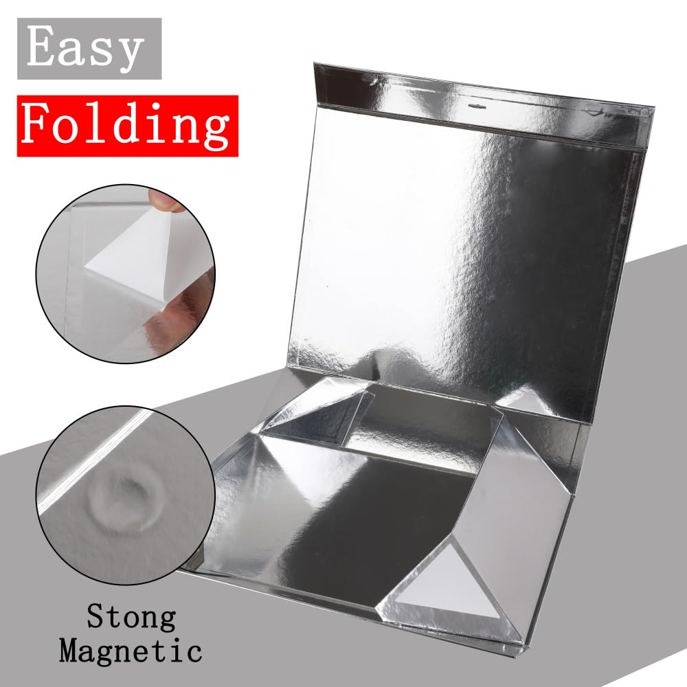 BoxSkivra Large Silver Gift Box with Ribbon 1 Pack 16.5X13X5.3 Inch Extra Large Gift Box with Lid Magnetic Closure Rectangle Collapsible Luxury Boxes for Wedding Dress、Shredded Paper Filler & Card