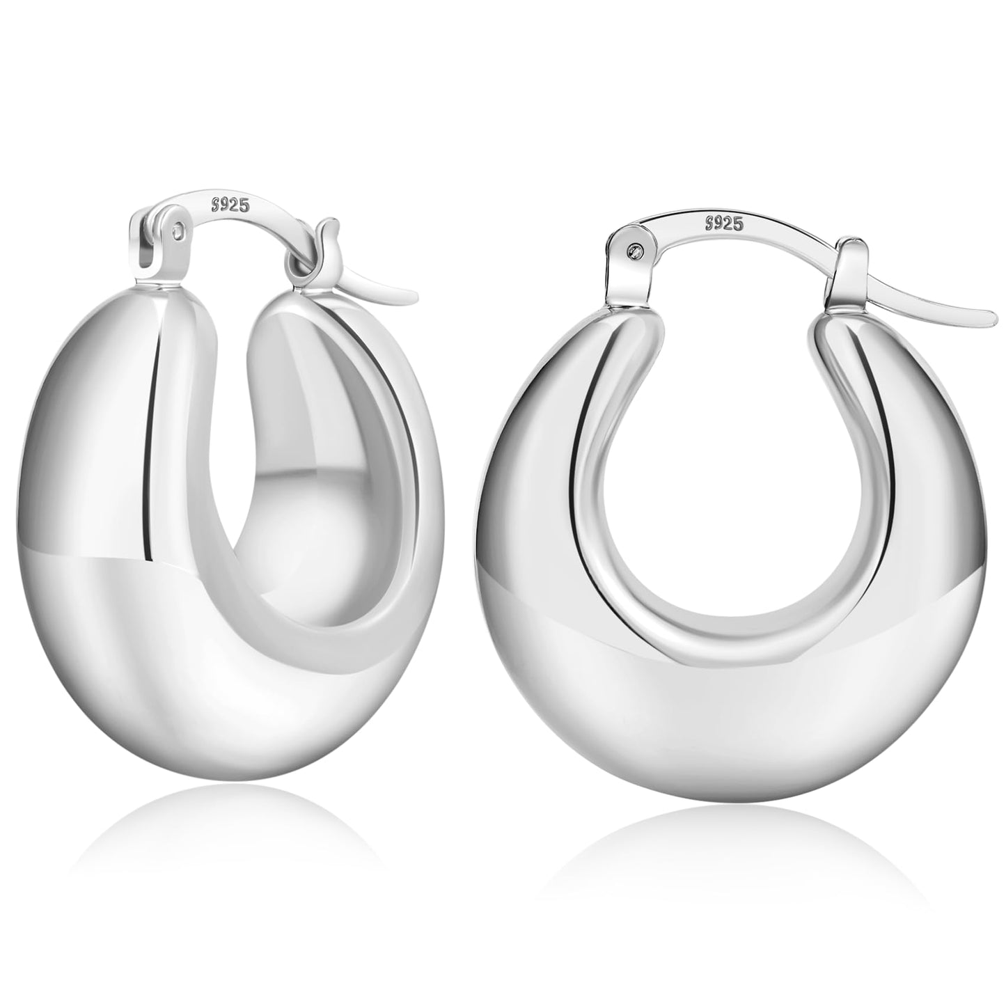PABBEU Chunky Silver Hoops Earrings for Women, Hypoallergenic Lightweight 925 Sterling Silver Oval Hoop Earring, Sterling Silver Thick Hoop Earrings for Women (25mm)