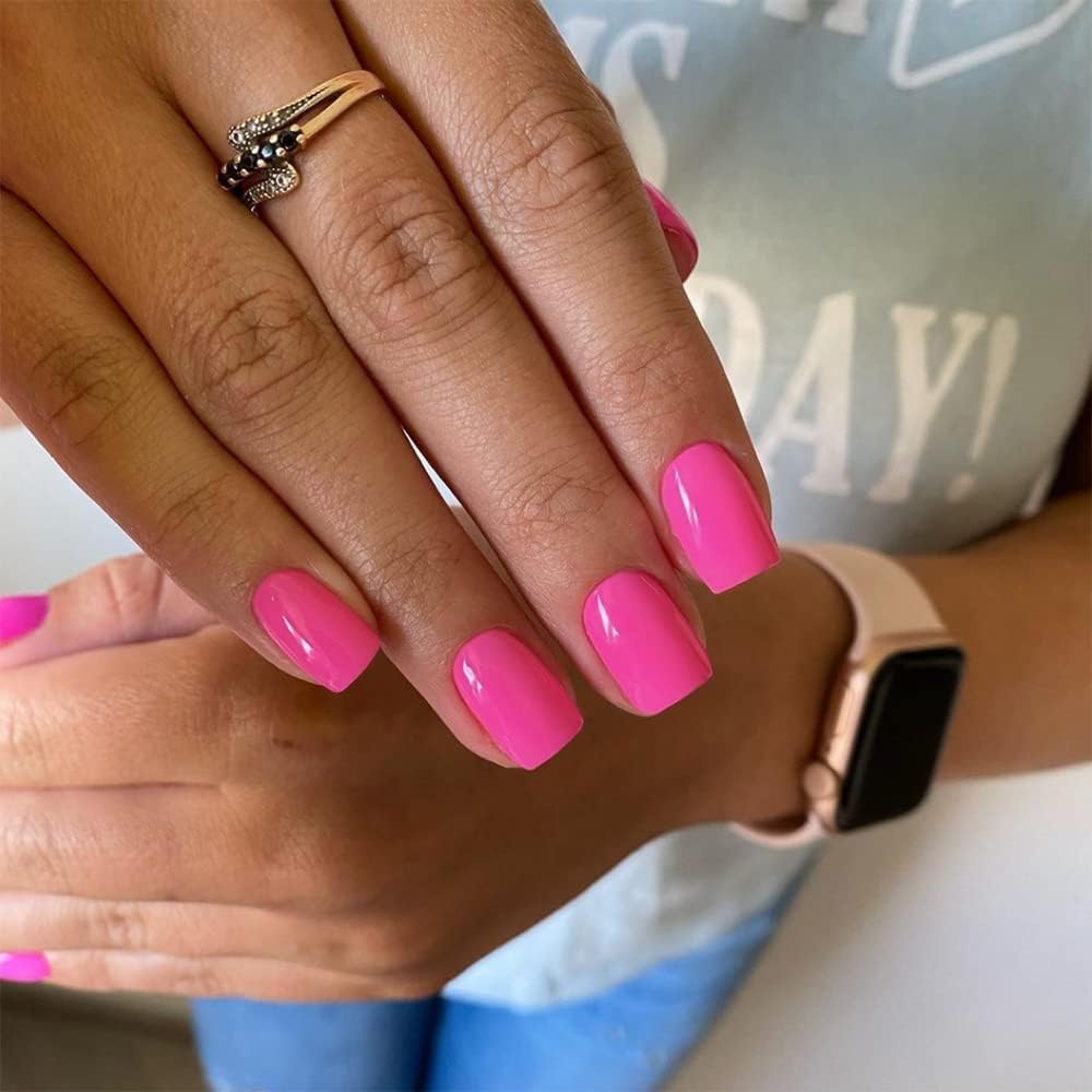 Hot Pink Press on Nails Short Square, KQueenest Gel Fake Nails Short Coffin Pure Bright Color Natural Petite Nails Kit Solid Stick on Nails Press on for Women Daily Office Manicure