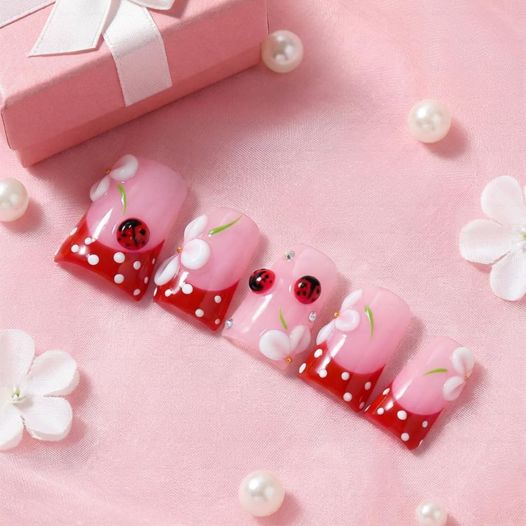 IntoVibes Handmade Short Duck Press On Nails, 3D petals And Ladybugs, 10 Pieces Reusable Acrylic False Nails, Size Medium