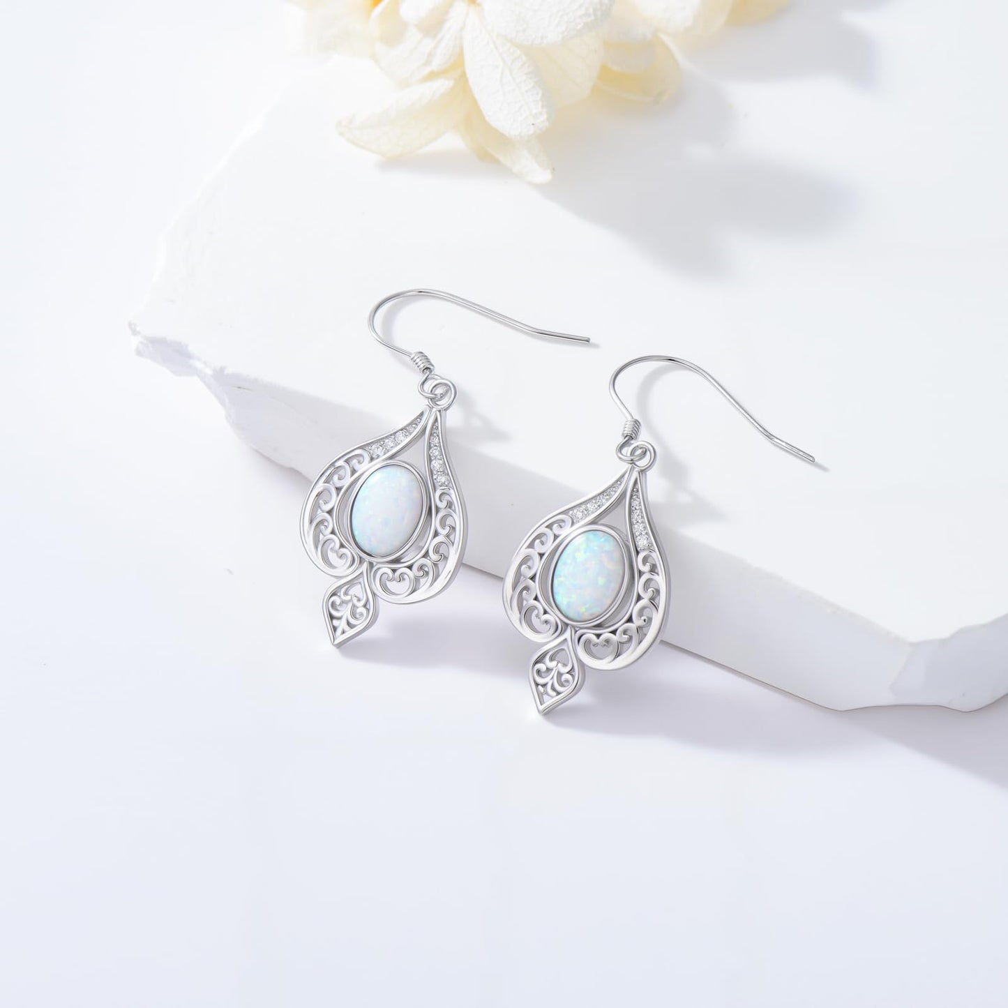 925 Sterling Silver White Opal Dangle Earrings for Women Vintage Opal Hook Earrings with Genuine Diamond for Birthday Mother's Day