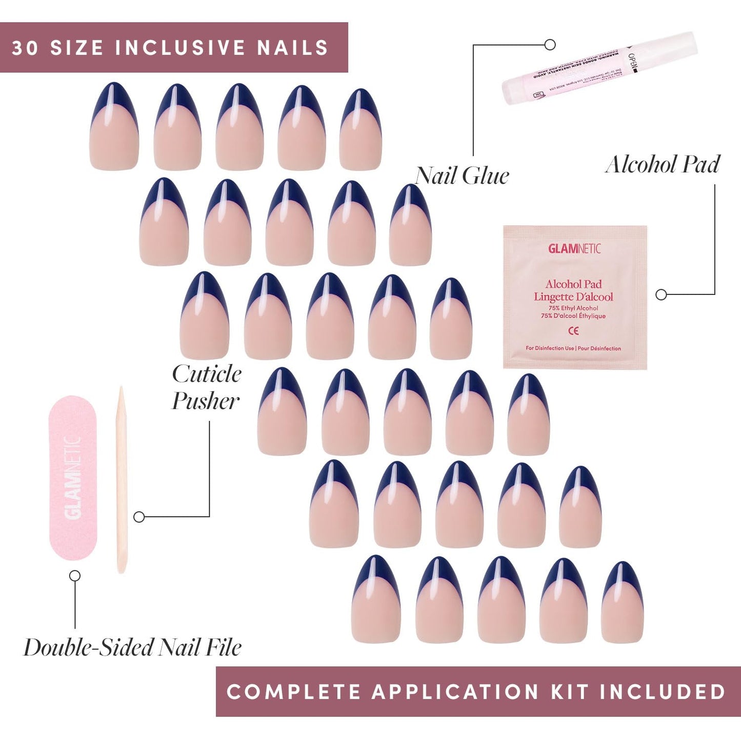 Glamnetic Press-On Nails Bundle - French Riviera & Caviar | Semi-Transparent Navy Blue Tip Short Almond Fake Nails | Short Almond Black Tip False Nails | Reusable, Salon-Quality Nail Kit