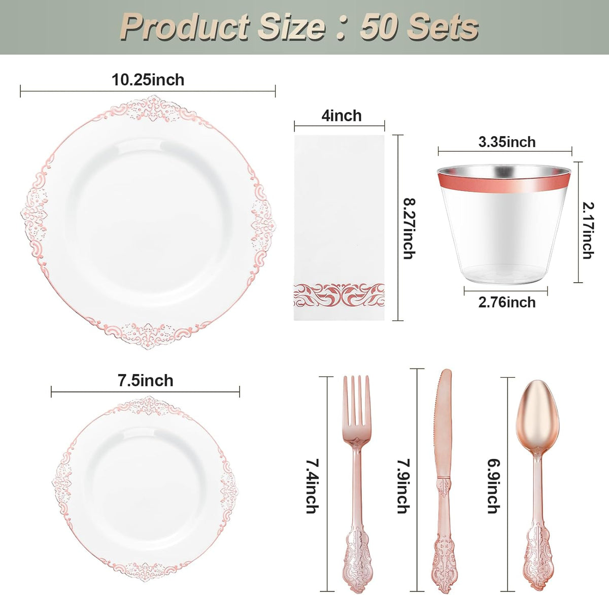 350PCS Rose Gold Plastic Plates for 50 Guests, Disposable Dinnerware Set Includes 100 Disposable Plates, 150 Rose Silverware, 50 Cups, 50 Napkins for Party, Wedding