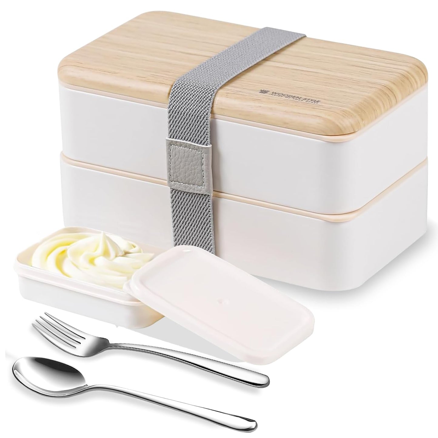 Binoster Original Bento Box Lunch Box Japanese Style 2 Layer Food Containers with Utensils Spoon and Fork Bundle Divider Salad Box for Men Women(White)