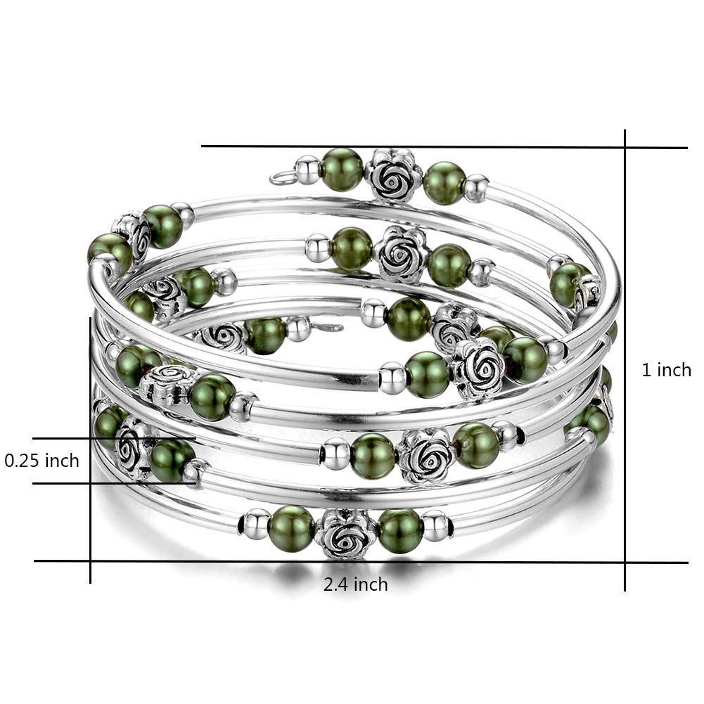 BULINLIN Wrap Bangle Rose Bead Bracelet - Beaded Bracelet with Natural Agate Stone Gifts For Women(01-Olive green pearl)