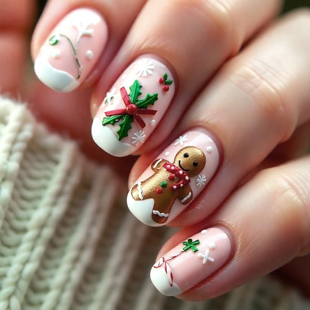 Christmas Press on Nails Medium, Square Winter French Fake Nails with Gingerbread Man Snowflake Designs, Acrylic Nails Press ons Artificial Nails Stick on Nails for Women 24Pcs