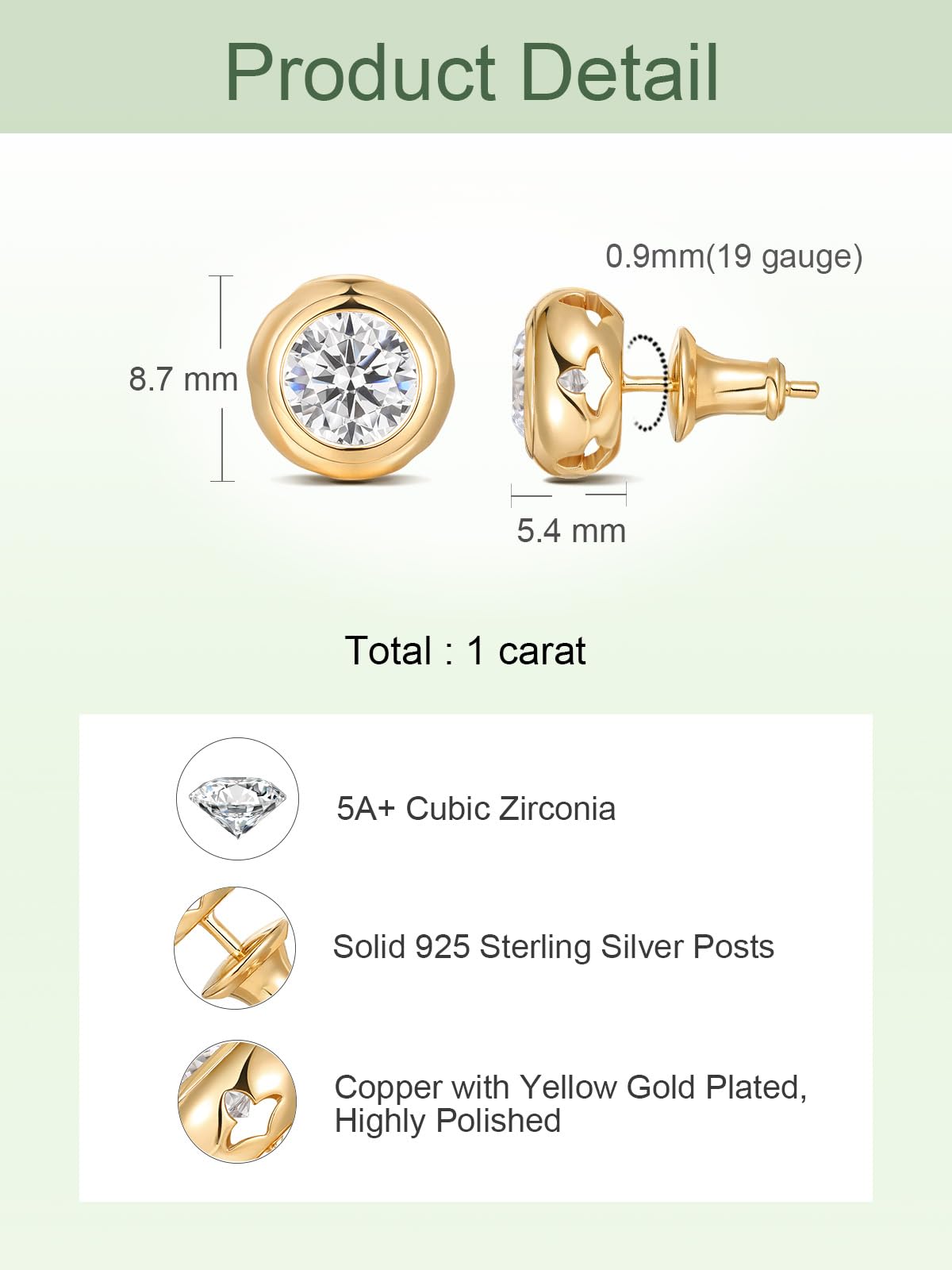 Hypoallergenic Silver Studs Gold Plated Bezel Earrings for Women Comfy Round Zirconia Earrings