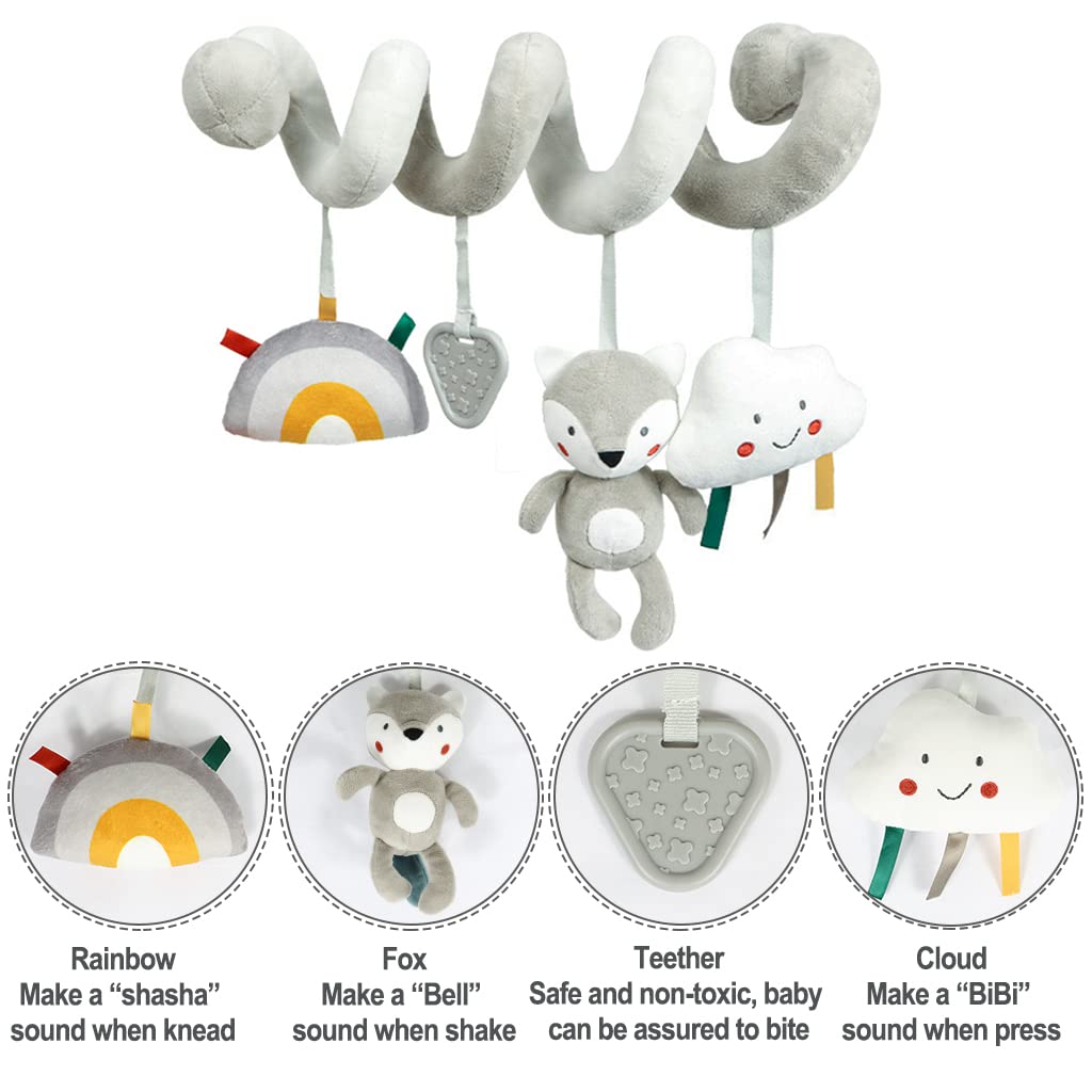 Blublu Park Baby Car Seat Toys, Infant Activity Spiral Plush Hanging Stroller Toys with Squeaker and teether for Car Seat Stroller Crib Bassinet (Grey Fox)