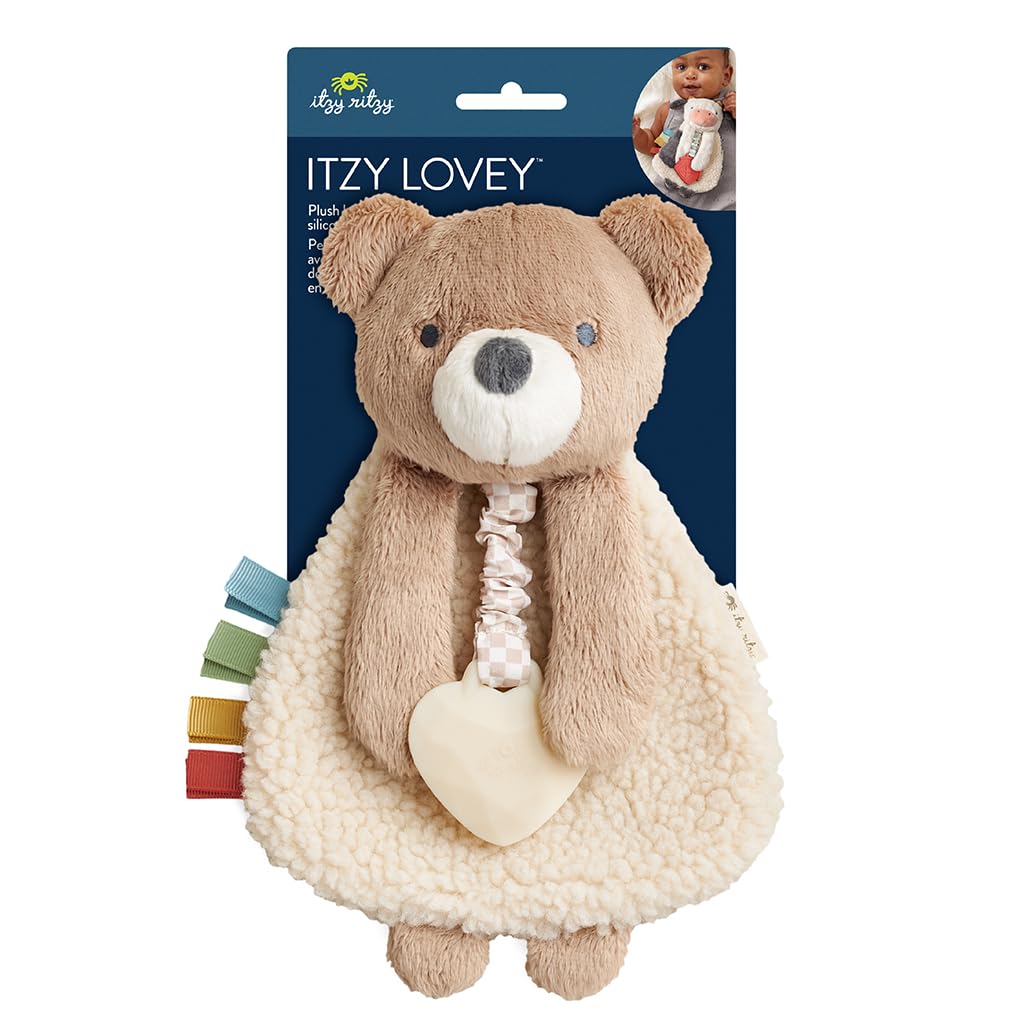 Itzy Ritzy - Itzy Lovey Including Teether - Baby Lovey with Teether, Textured Ribbons & Dangle Arms - Features Crinkle Sound, Sherpa Fabric and Minky Plush (Bear)