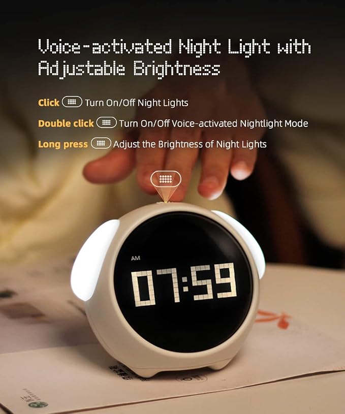 Kids Alarm Clock, Dual Alarm Setting, Adjustable Brightness Night Light, Voice-Activated,Temperature Detection, Wake-up Alarm Clock, Toy and Gift for Toddler, Children, Students, Boys&Girls