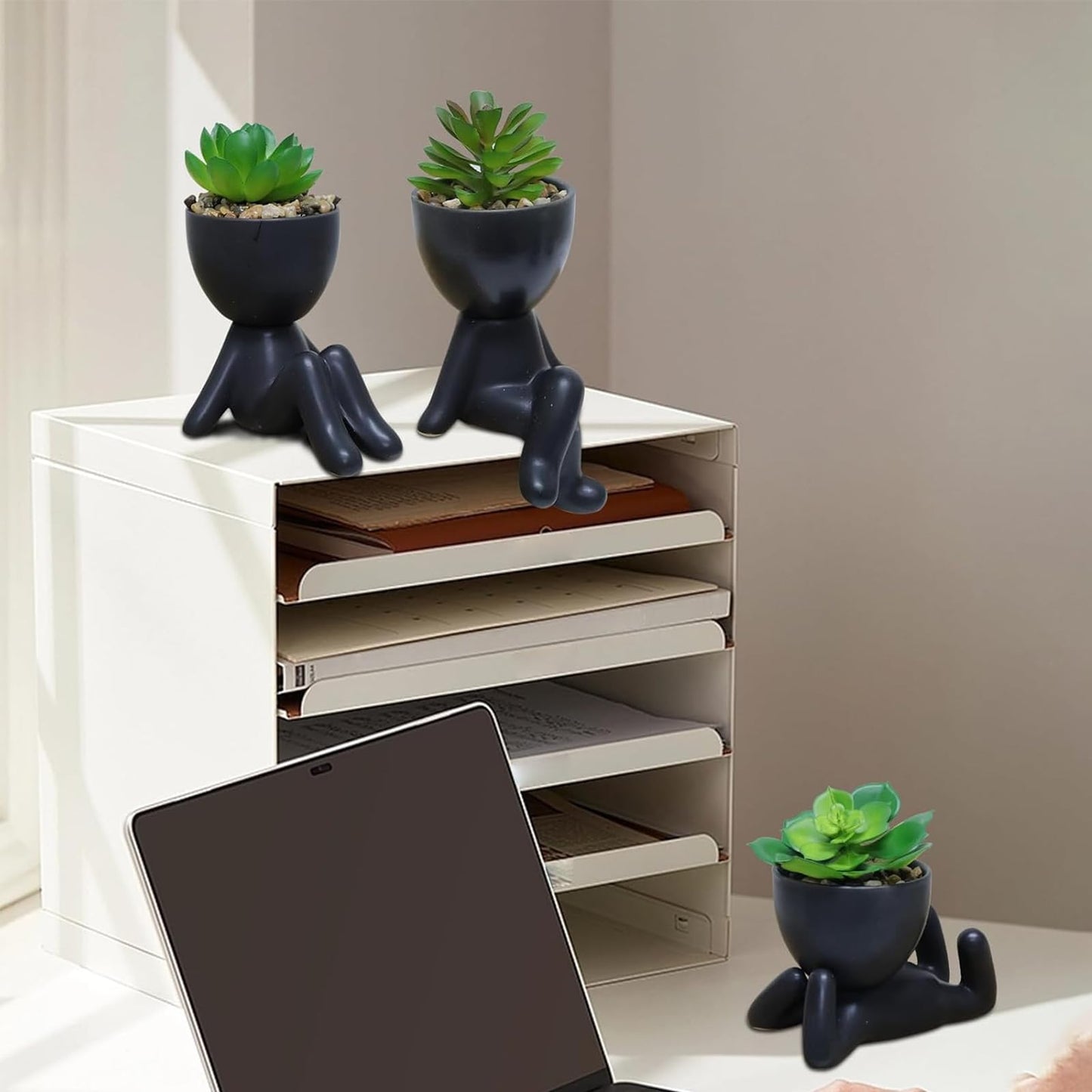 Zerzsy 3 PCS Cute Artificial Succulent Plants with Creative Ceramics Human Shaped Pots, Mini Potted Plants Black Bathroom Fakeplants, Faux Succulent Desk Decor for Home Office Shelf Decor
