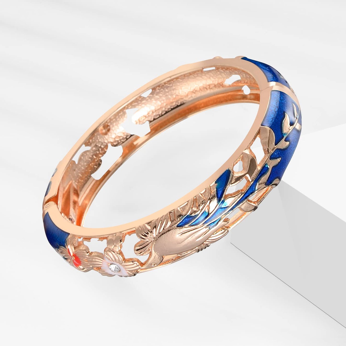 UJOY Colors Handcraft Jewelry Cloisonne Bracelet Enamel Hollowed Filigree Bird Rose Womens Bangles Gifts Box 88A31 Navy Blue