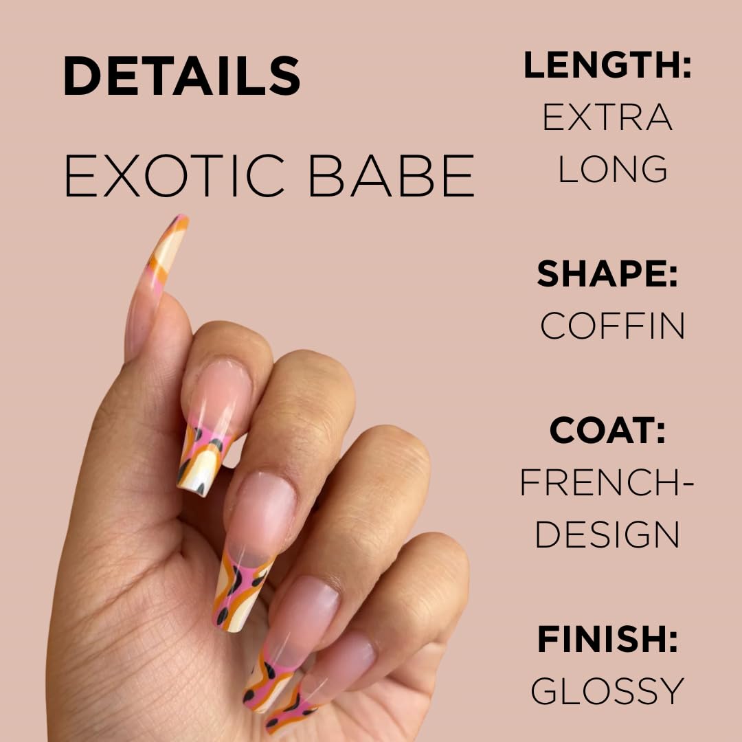 EXOTIC BABE Press-On Nails by Lavaa Beauty | Extra-Long Coffin | Orange Pattern French Tip Nails on Nude Base