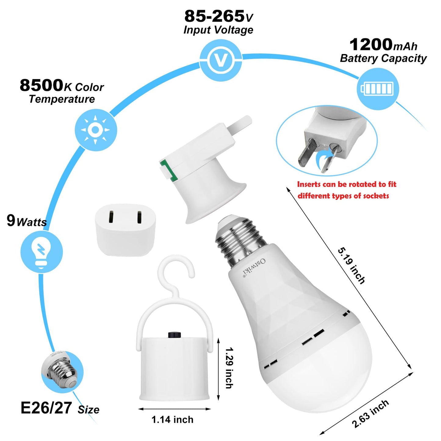 Ostwiki Rechargeable Light Bulbs,6 Pack Battery Operated Backup Emergency Light Bulb for Power Outage Camping Outdoor Hurricane 9W E27 8500K 1200mAh White Equivalent Self-Charging LED Light Bulbs