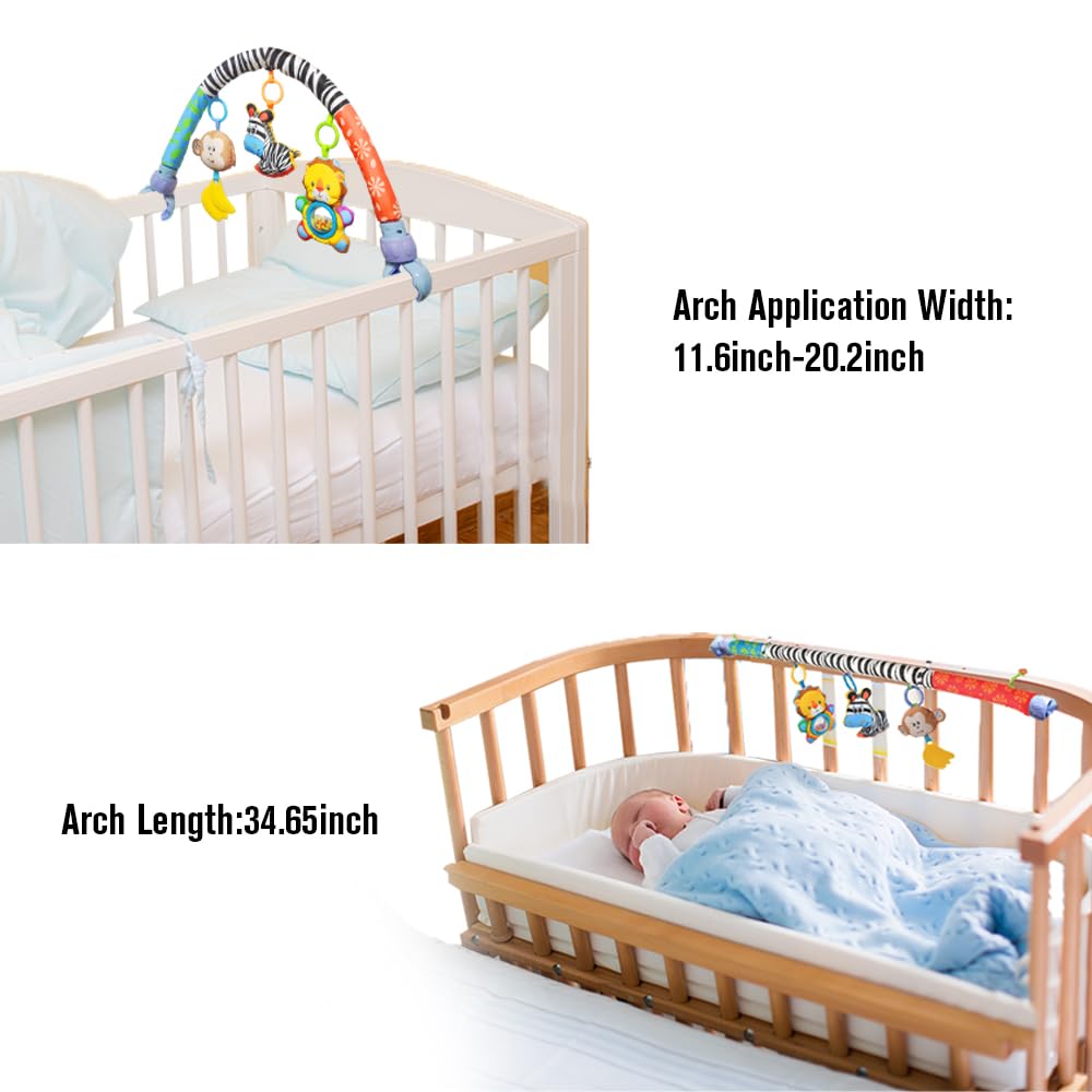 willway Adjustable Baby Travel Play Arch, Detachable Activity Musical Animal Toys Mobile for Bassinet Crib Stroller Pram Car Seat Mobiles Width Among 11.6-20.2 Inch with Rattles BB Squeaker Teether