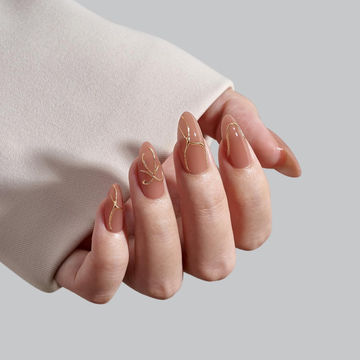 BTArtbox Press On Nails Almond - Fall Press On nails with 3D Gold Lines Design, Medium Glue On Nails with Nail Glue, Gold Swirl Stick On Nails in 15 Sizes, White French & Radiant Ribbons