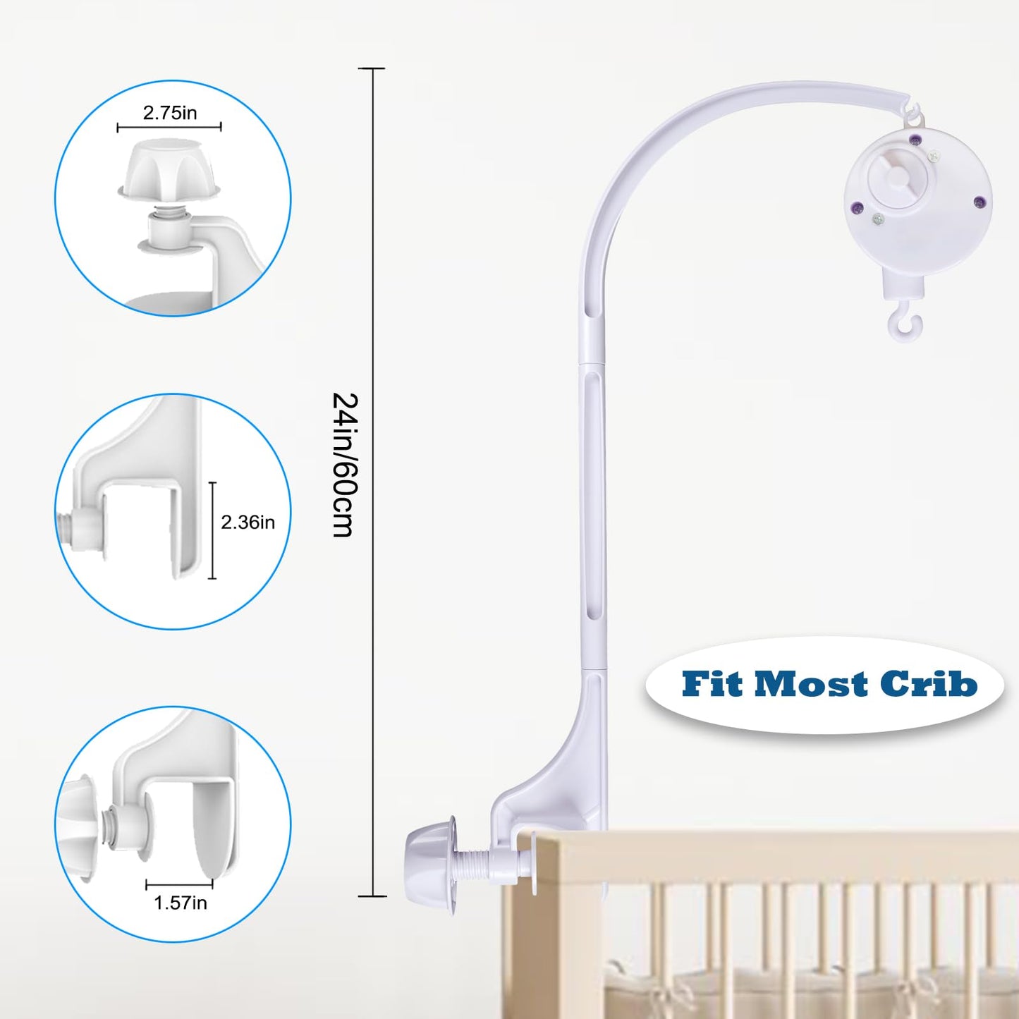 SAGOOITS 24 inch Baby Crib Mobile Bed Bell Holder Arm Bracket, with Music Box, The Foundation can be Adjusted Width-DIY Toy Decoration