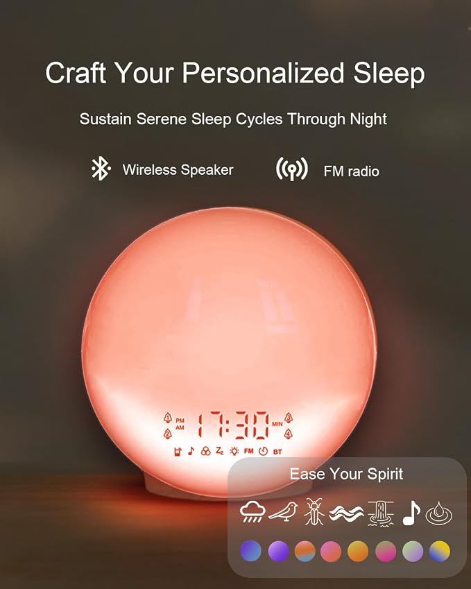 Smart Sunrise Alarm Clock with No Signup APP Control & Wake-Up Light, 4 Alarms, Sound Machine, FM Radio, Wireless Speaker, Wood Grain